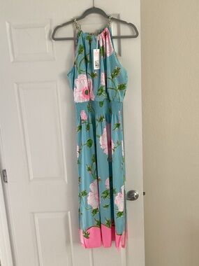 Lilly Pulitzer Blue Floral Maxi Dress with Pink Accents